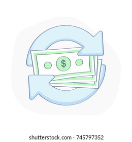 Cash back, chargeback, cashing, money turnover, currency exchange concept. Money pile with round arrow icon. Flat outline vector illustration, premium quality symbol design for website or app.