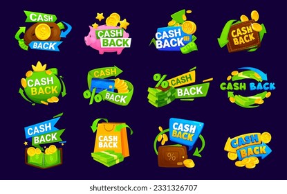 Cash back, coin and bonus, refund or rebate money icons vector set. Refund money after buy cartoon stickers, promotion banners of cashback labels with gold coins, arrows, wallets and credit cards