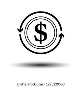 Cash Back Coin Icon. Black on White Background With Shadow. Vector Illustration.