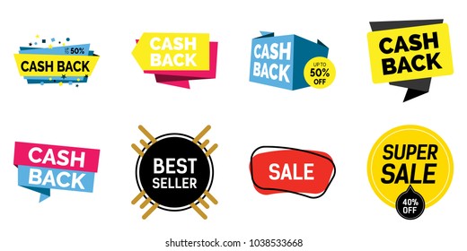 Cash back, colorful lettering set. Super sale, best seller phrases, shopping, retail, announcement. Calligraphy, handwritten text can be used for leaflets, posters, banners, labels.