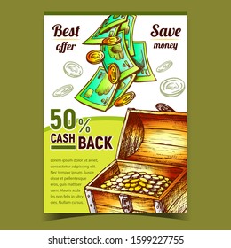 Cash Back Commercial Advertising Poster Vector. Cash Money Banknotes And Coin Pounds In Vintage Wooden Dower Chest. Payment, Shopping And Buying Creative Banner. Financial Capital Color Illustration