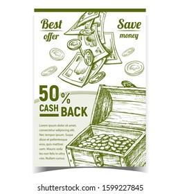 Cash Back Commercial Advertising Poster Vector. Cash Money Banknotes And Coin Pounds In Vintage Wooden Dower Chest. Payment, Shopping Buying Creative Banner. Financial Capital Monochrome Illustration