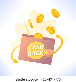 Cash back concept. Coins falling into wallet. Online reward, saving money, financial transaction, money refund, electronic payment and money back guarantee concept, vector illustration