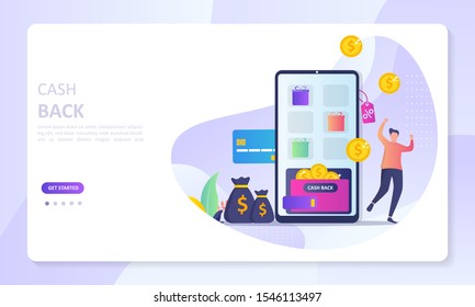 Cash Back concept design, people getting cash rewards and gift from online shopping, Suitable for web landing page, ui, mobile app, banner template. Vector Illustration