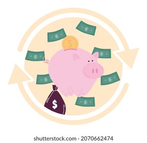 Cash back concept. Golden Coins and bills returned to piggy bank. Profitable online purchases or bonus program. Saving money. Money turnover or cycle. Cartoon contemporary flat vector illustration