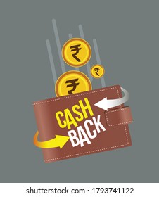 Cash back concept, Indian Rupee coin with wallet and arrows, money purse, money wallet, vector illustration, rupee falling to wallet gray background