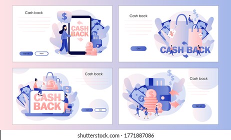 Cash back concept. Money refund, reward program, shopping. Screen template for mobile smart phone, landing page, template, ui, web, mobile app, poster, banner, flyer. Modern flat cartoon style. Vector