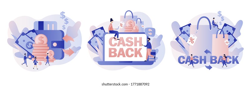 Cash back concept. Money refund, reward program, transfer money, online banking, online shopping, money growth. Modern flat cartoon style. Vector illustration on white background