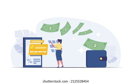 Cash Back concept for online credit card purchases with a young woman standing beside a mobile phone.