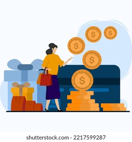 Concepto de devolución de efectivo para compras de tarjetas de crédito en línea con una joven mujer parada y sosteniendo un teléfono móvil. captura monedas de oro y aplicación de devolución de efectivo en pantalla, ilustración de vector de color