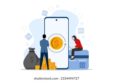 Concepto de devolución de efectivo. Guardar. reembolso. Apilar las monedas y llamar con un botón para iniciar la devolución. personaje parado al lado de un gran teléfono móvil, Ilustración de vectores planos sobre un fondo blanco.