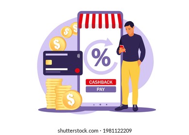 Cash back concept. Saving money. Loyalty program. Rebate program. Selling discount concept. Cash back service. Cost transfer. Vector illustration. Flat.