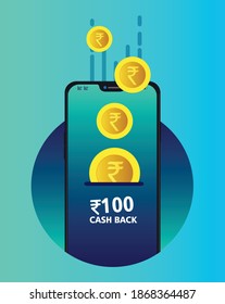 cash back concept with smart phone  with falling Indian rupee coins, 100 rupee cash back vector illustrations