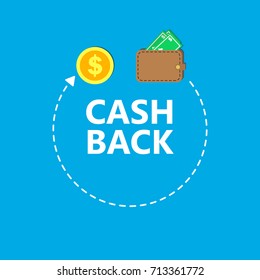 Cash back concept vector illustration. Flat brown wallet full of the money. Coins and arrow on the blue background.