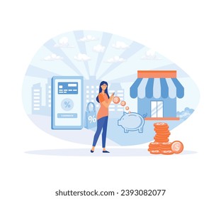  Cash back concept - woman with smart phone, money goes into piggy bank. flat vector modern illustration 