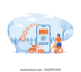 Cash back concept. woman with smart phone, money goes in a piggy bank. flat vector modern illustration 