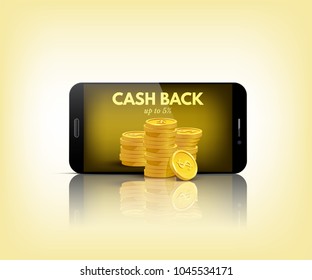 Cash back conceptual illustration. Vector smart phone with stack of coins on yellow background.