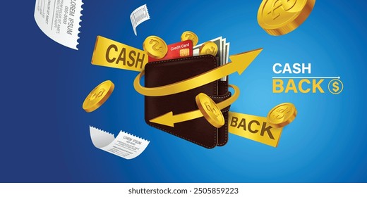 Cash back credit card with cashback icon and flying coins on blue background. Credit or debit card refund money, online payment, Money-saving, money transfer, coins. 3d vector illustration