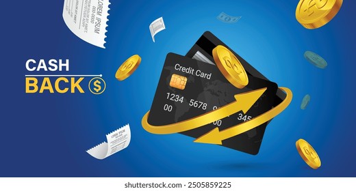 Cash back credit card with cashback icon and flying coins on blue background. Credit or debit card refund money, online payment, Money-saving, money transfer, coins. 3d vector illustration