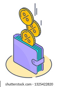 The cash back to the customer. Line isometric illustration of coins with percentage sign are dropping into wallet. The refund money service, shop cashback, bank deposit profit, income, vector concept.