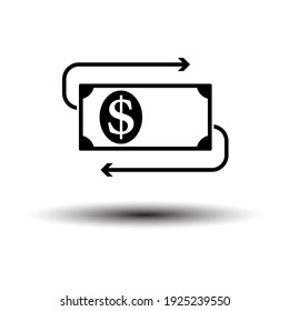 Cash Back Dollar Banknote Icon. Black on White Background With Shadow. Vector Illustration.