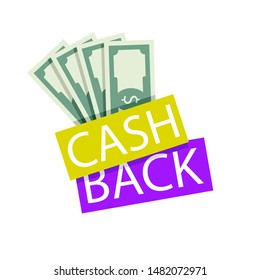 Cash back emblem badge with fan banknote. Vector cash back offer, save money service, rebate and return, cashback label illustration