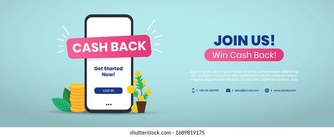 Cash Back. Facebook Cash back mobile application cover banner with coins and login button in with join us. Cash back promotional marketing offer banner. Flat cash back  banner for Facebook and twitter