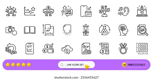 Cash back, Fake news and Report document line icons for web app. Pack of Start business, Recovery photo, Floor plan pictogram icons. Stress, Report, Teamwork signs. Currency rate. Search bar. Vector