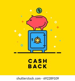 Cash back, Financial illustration, piggy bank and safe with money, modern flat style, color linear graphics 