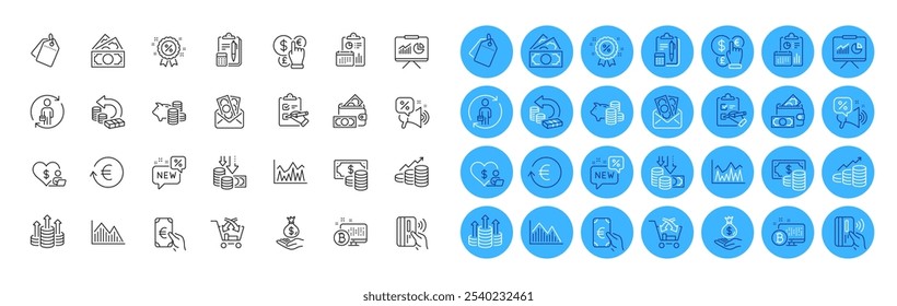 Cash back, gráfico de crescimento e ícone de linha de substituição. Gráfico de investimento, Apresentação, Descontos ícone da web. Voluntário, cédula de moeda metálica, pictograma da lista de verificação. Suborno, dinheiro de renda. Vetor