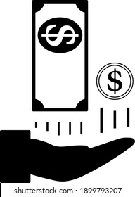 Cash Back To Hand Icon. Black Glyph Design. Vector Illustration.