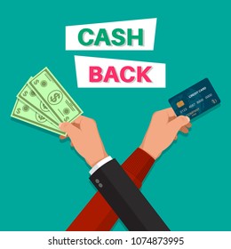 Cash back. Hands with the banknote and the credit card. Banner. A bonus upon purchase. Incentive action. Flat style. Vector illustration.
