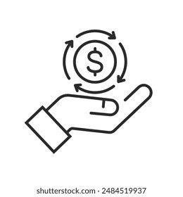 Cash back icon with dollar sign. Return money, cash back rebate, thin line vector icon on white background.