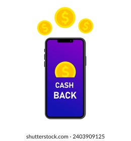 Cash back icon. Flat, color, dollar coin icons, phone screen, cash back sign. Vector icon