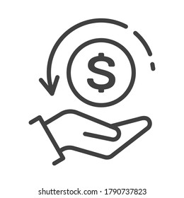 Icono de devolución de efectivo con moneda de mano con símbolo y flecha de dólar. Pictograma vectorial aislado, alineado. Ahorra dinero en el concepto de compras de tiendas por Internet. Ilustración de descuento de pago.