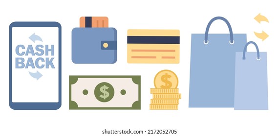 Cash back icon set. Money saving. Purse with credit card, paper currency, golden coins, shopping bag, snartphone app. Finance bonus program. Online shopping, cashback, sale. Vector flat illustration 