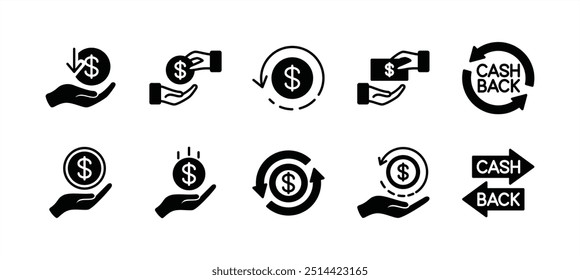 Cash back icon vector set. Containing change money, rotation arrow sign symbol, refund, convert, deposit coin, purchase transaction, exchange, income, payment, revenue, receive, repay, pay off	