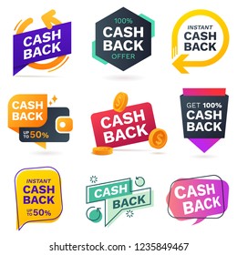 Cash back icons set. Colorful cashback banner collection. Money refund signs. Return of money from purchases. Promotion badges for your business. Vector illustration.