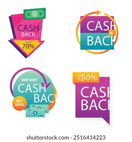 Cash back icons set. Colorful cashback banner collection. Money refund signs. Return of money from purchases. Promotion badges for your business. Vector illustration.