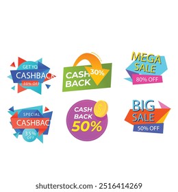 Cash back icons set. Colorful cashback banner collection. Money refund signs. Return of money from purchases. Promotion badges for your business. Vector illustration.