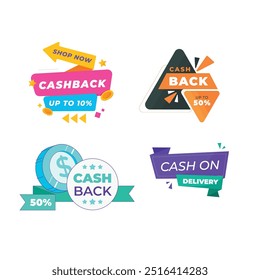 Cash back icons set. Colorful cashback banner collection. Money refund signs. Return of money from purchases. Promotion badges for your business. Vector illustration.