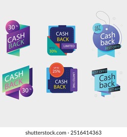Cash back icons set. Colorful cashback banner collection. Money refund signs. Return of money from purchases. Promotion badges for your business. Vector illustration.