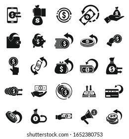 Iconos de devolución de efectivo establecidos. Conjunto simple de iconos vectoriales de devolución de efectivo para diseño web en fondo blanco