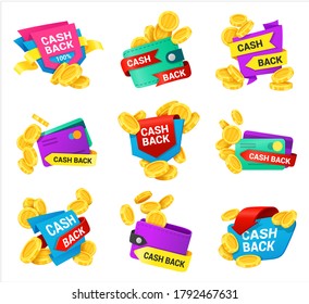 Cash back icons set with wallet, coins, bank card, arrows. Money refund marketing action, promotion label. emblem, sticker. Purchase benefit, profit, shopping advantage vector isolated on white.