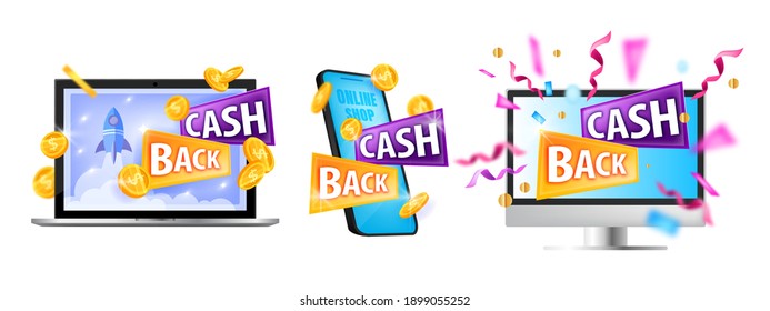 Cash Back, Internet Shopping Money Saving Vector Set With Laptop, Smartphone, Computer Screens, Coins. Bonus Program Reward, Promotional Sale Discount Stickers. Cash Back E-commerce Stamp Collection