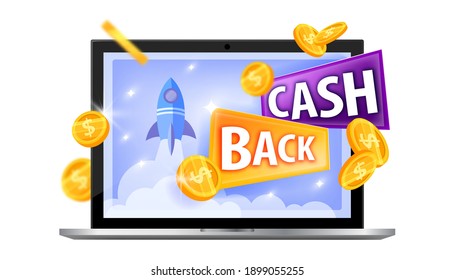 Cash back, internet shopping money saving vector illustration with laptop screen, coins. Bonus program reward, promotional sale discount stickers. Cash back e-commerce stamp label,isolated emblem logo