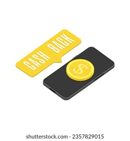 Cash back isometric vector illustration. Gold coins on smartphone. Cashback money, online service concept. Commerce or transfer payments mobile apps. EPS 10.