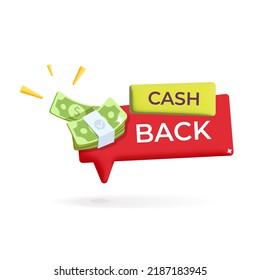 Cash back label tag with green dollar banknote design illustration. Cashback loyalty bonus program vector concept. Credit or debit card with returned money to bank account.