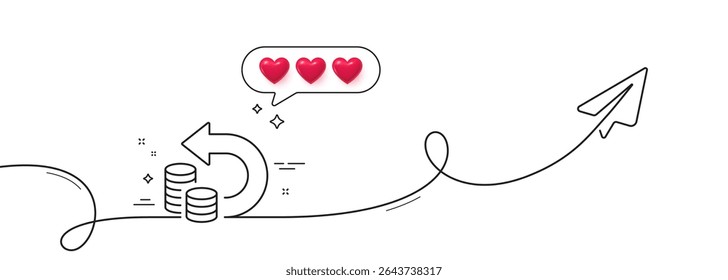 Cash back line icon. Continuous line with share plane. Return money sign. Bank benefits symbol. Hearts rate review in speech bubble. Cash back single line ribbon. Loop curve pattern. Vector