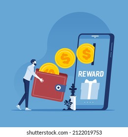 Cash back loyalty program concept. Vector of customers getting rewards and gifts from online shopping